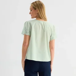 Liz Claiborne Womens Keyhole Neck Short Sleeve Embroidered Blouse