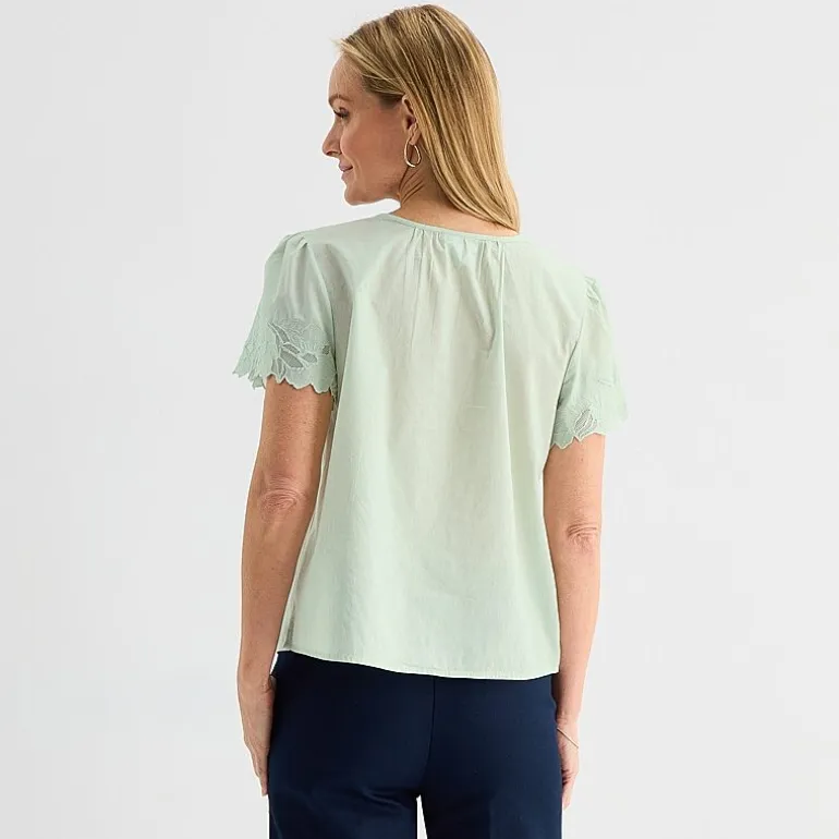 Liz Claiborne Womens Keyhole Neck Short Sleeve Embroidered Blouse