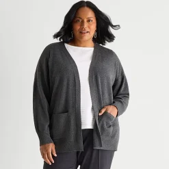 Liz Claiborne Womens Long Sleeve Open Front Plus Cardigan