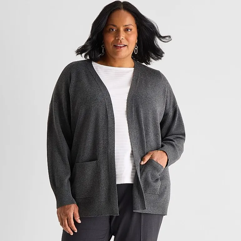 Liz Claiborne Womens Long Sleeve Open Front Plus Cardigan