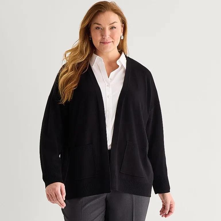 Liz Claiborne Womens Long Sleeve Open Front Plus Cardigan