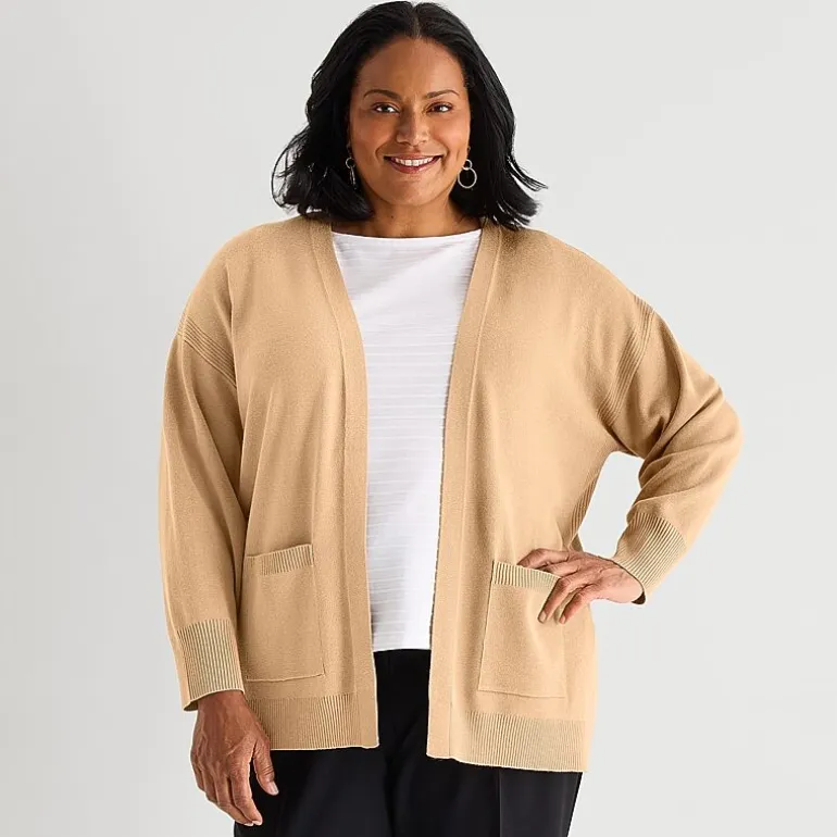 Liz Claiborne Womens Long Sleeve Open Front Plus Cardigan