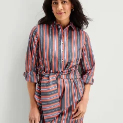 Liz Claiborne Womens Long Sleeve Midi Striped Shirt Dress