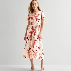 Liz Claiborne Womens Midi Split Crew Neck Short Sleeve Floral Peasant Dress