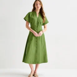 Liz Claiborne Womens Midi V Neck Short Sleeve A-Line Dress