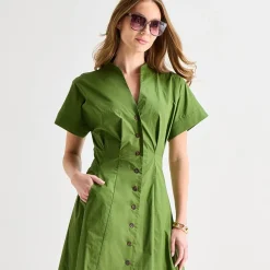 Liz Claiborne Womens Midi V Neck Short Sleeve A-Line Dress