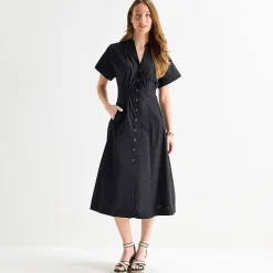 Liz Claiborne Womens Midi V Neck Short Sleeve A-Line Dress