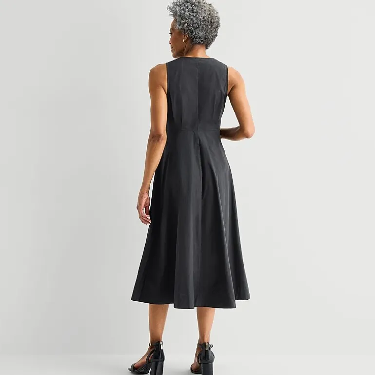 Liz Claiborne Womens Midi V Neck Sleeveless A-Line Dress