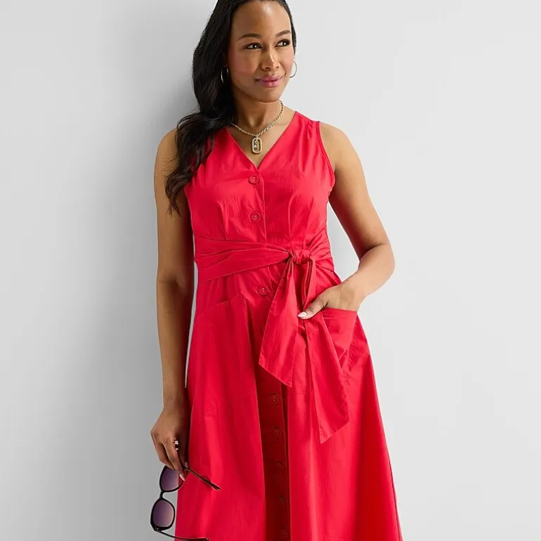 Liz Claiborne Womens Midi V Neck Sleeveless A-Line Dress