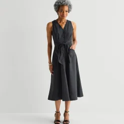 Liz Claiborne Womens Midi V Neck Sleeveless A-Line Dress