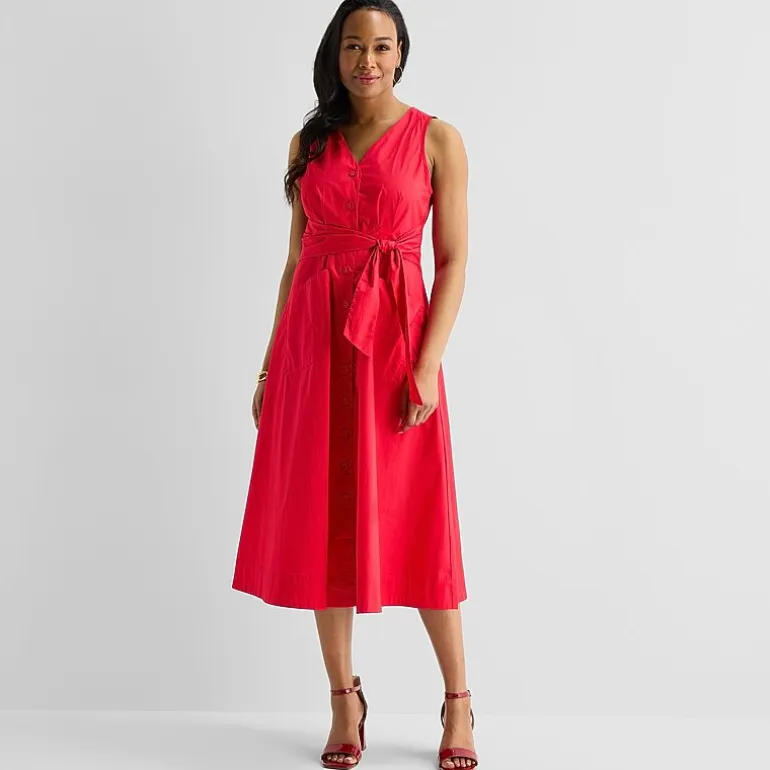 Liz Claiborne Womens Midi V Neck Sleeveless A-Line Dress