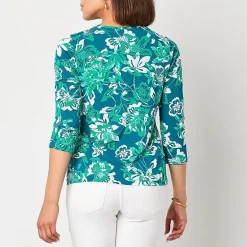 Liz Claiborne Womens Petite Keyhole Neck 3/4 Sleeve Blouse