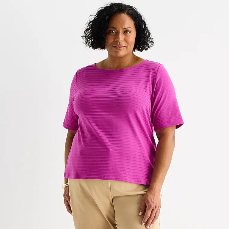 Liz Claiborne Womens Plus Boat Neck Elbow Sleeve Blouse