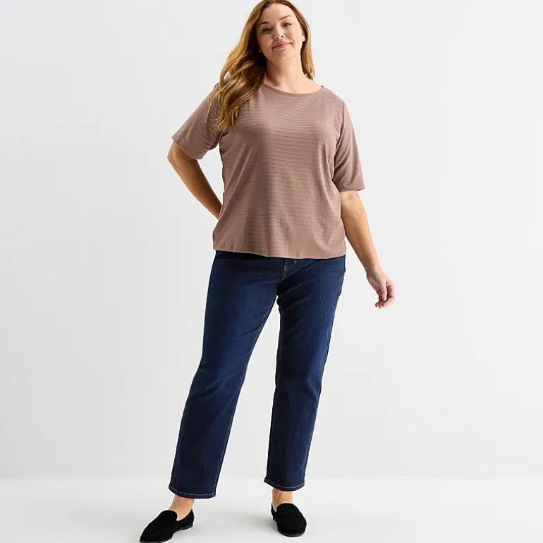 Liz Claiborne Womens Plus Boat Neck Elbow Sleeve Blouse
