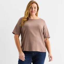 Liz Claiborne Womens Plus Boat Neck Elbow Sleeve Blouse