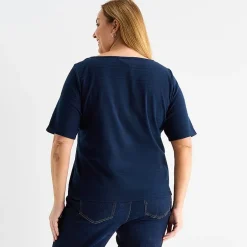 Liz Claiborne Womens Plus Boat Neck Elbow Sleeve Blouse