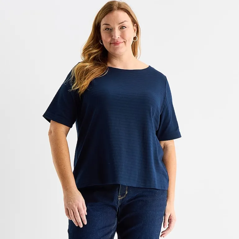 Liz Claiborne Womens Plus Boat Neck Elbow Sleeve Blouse
