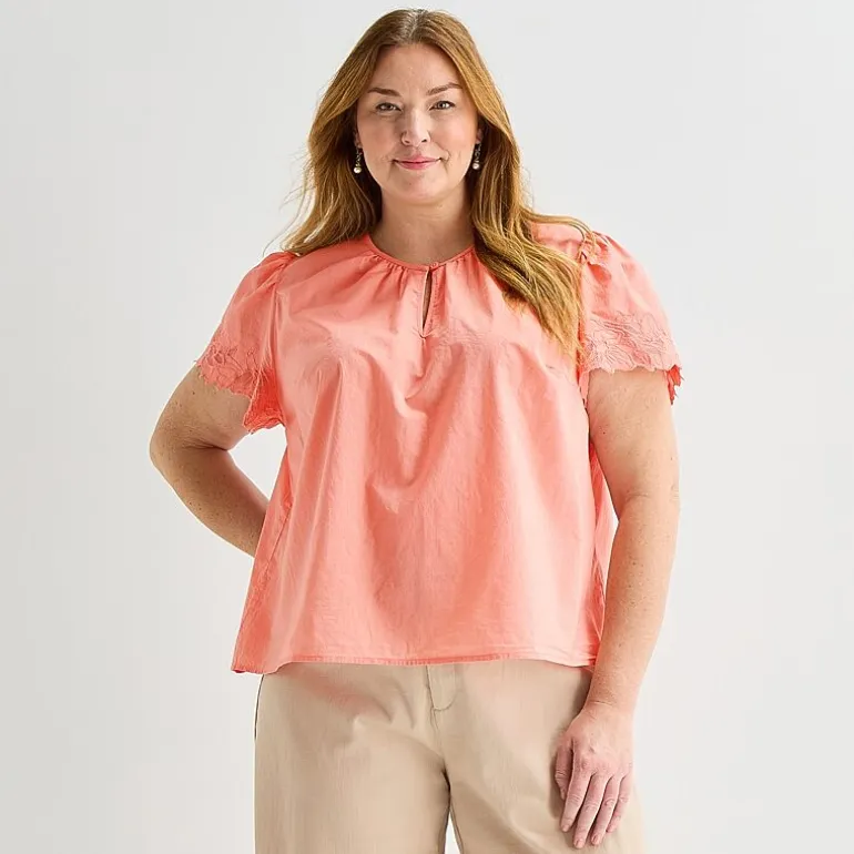 Liz Claiborne Womens Plus Keyhole Neck Short Sleeve Blouse