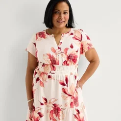 Liz Claiborne Womens Plus Midi Short Sleeve Floral Peasant Dress
