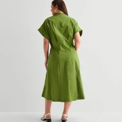 Liz Claiborne Womens Plus Midi V Neck Short Sleeve A-Line Dress