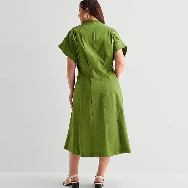 Liz Claiborne Womens Plus Midi V Neck Short Sleeve A-Line Dress