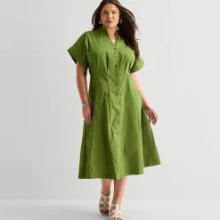 Liz Claiborne Womens Plus Midi V Neck Short Sleeve A-Line Dress