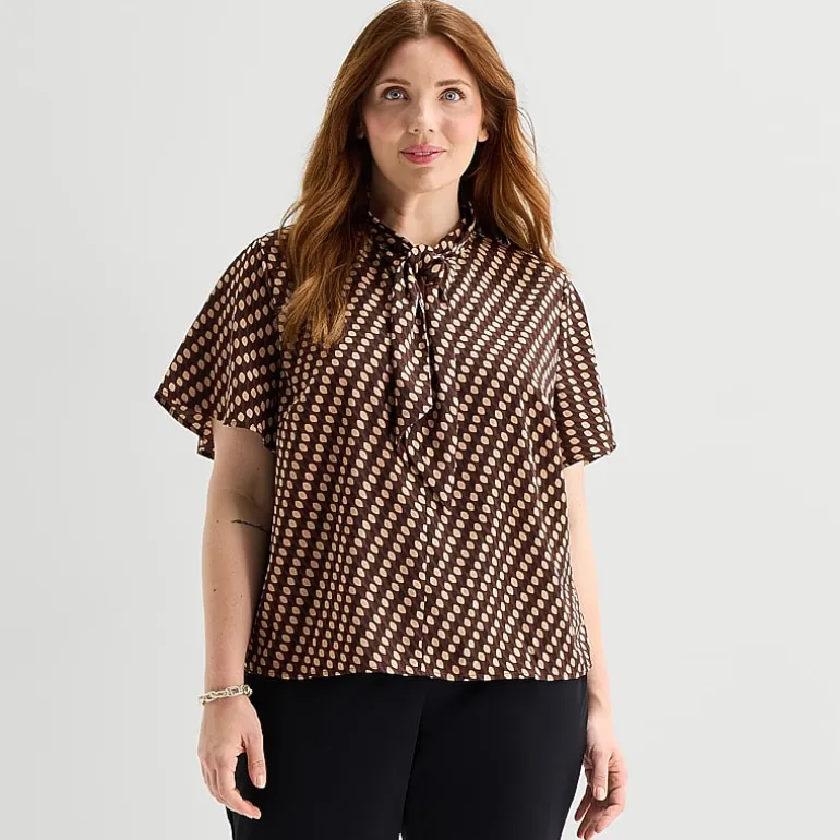 Liz Claiborne Womens Plus Split Tie Neck Short Sleeve Blouse