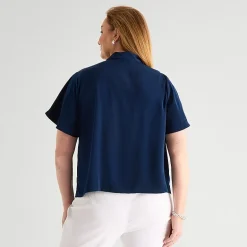 Liz Claiborne Womens Plus Split Tie Neck Short Sleeve Blouse