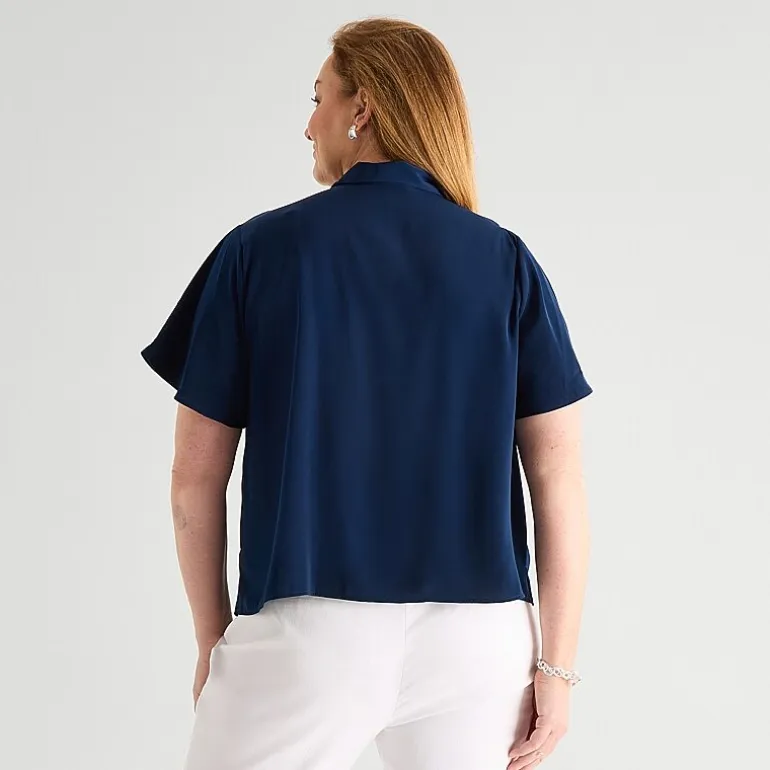 Liz Claiborne Womens Plus Split Tie Neck Short Sleeve Blouse