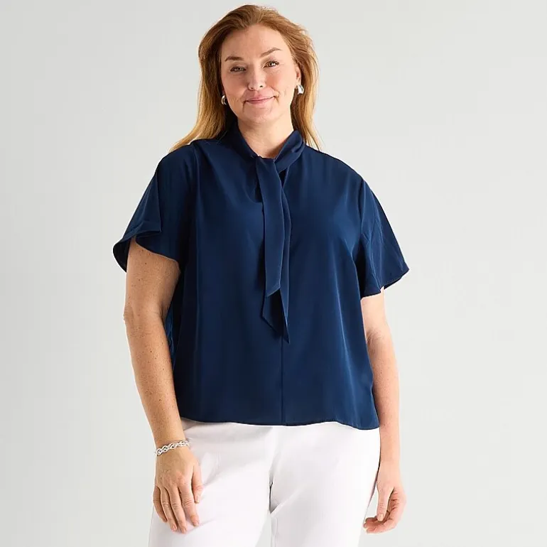 Liz Claiborne Womens Plus Split Tie Neck Short Sleeve Blouse