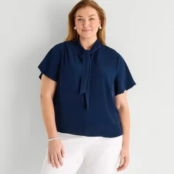 Liz Claiborne Womens Plus Split Tie Neck Short Sleeve Blouse