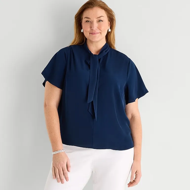 Liz Claiborne Womens Plus Split Tie Neck Short Sleeve Blouse