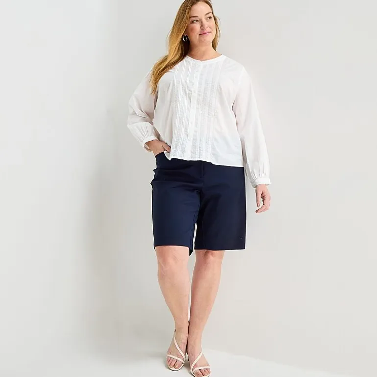 Liz Claiborne Womens Plus U Neck Bishop Long Sleeve Regular Fit Button-Down Shirt