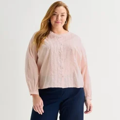 Liz Claiborne Womens Plus U Neck Bishop Long Sleeve Regular Fit Button-Down Shirt