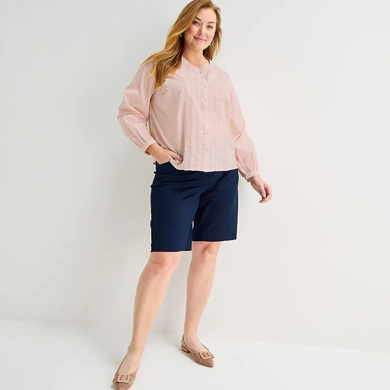 Liz Claiborne Womens Plus U Neck Bishop Long Sleeve Regular Fit Button-Down Shirt