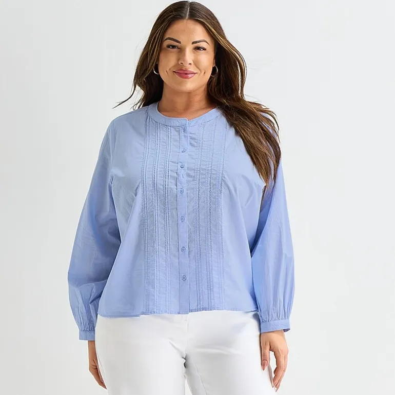 Liz Claiborne Womens Plus U Neck Bishop Long Sleeve Regular Fit Button-Down Shirt