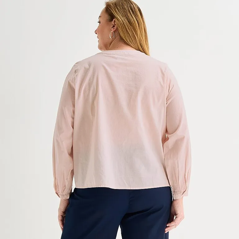 Liz Claiborne Womens Plus U Neck Bishop Long Sleeve Regular Fit Button-Down Shirt