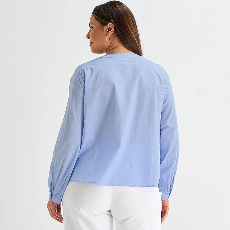 Liz Claiborne Womens Plus U Neck Bishop Long Sleeve Regular Fit Button-Down Shirt
