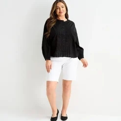 Liz Claiborne Womens Plus U Neck Bishop Long Sleeve Regular Fit Button-Down Shirt