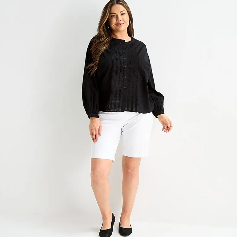 Liz Claiborne Womens Plus U Neck Bishop Long Sleeve Regular Fit Button-Down Shirt
