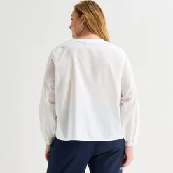 Liz Claiborne Womens Plus U Neck Bishop Long Sleeve Regular Fit Button-Down Shirt