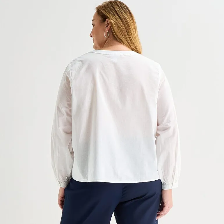 Liz Claiborne Womens Plus U Neck Bishop Long Sleeve Regular Fit Button-Down Shirt