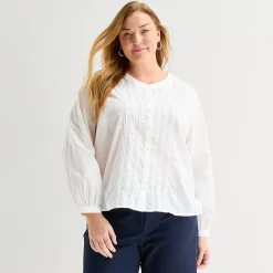 Liz Claiborne Womens Plus U Neck Bishop Long Sleeve Regular Fit Button-Down Shirt