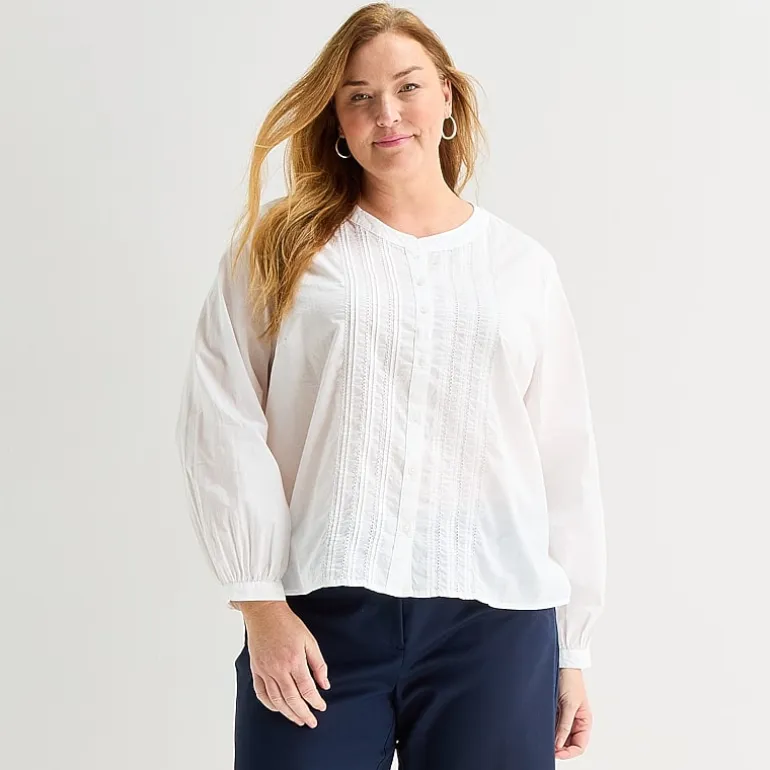 Liz Claiborne Womens Plus U Neck Bishop Long Sleeve Regular Fit Button-Down Shirt