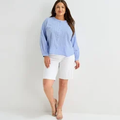 Liz Claiborne Womens Plus U Neck Bishop Long Sleeve Regular Fit Button-Down Shirt