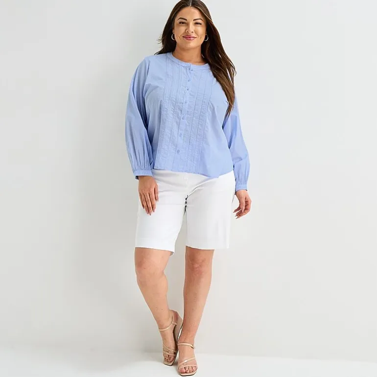 Liz Claiborne Womens Plus U Neck Bishop Long Sleeve Regular Fit Button-Down Shirt