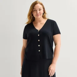 Liz Claiborne Womens Plus V Neck Short Sleeve Button Cardigan