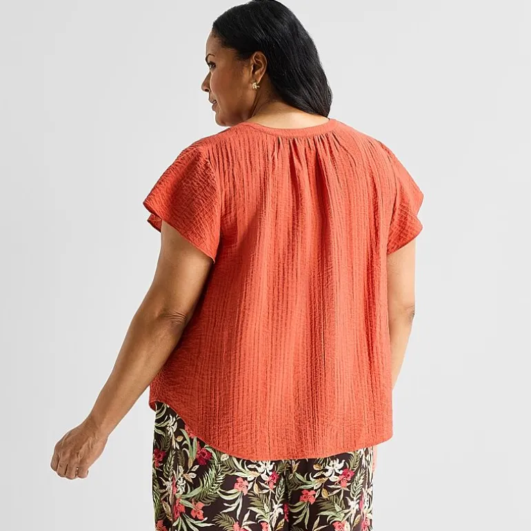 Liz Claiborne Womens Plus V Neck Short Sleeve Blouse