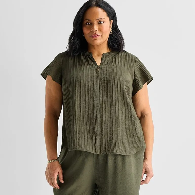 Liz Claiborne Womens Plus V Neck Short Sleeve Blouse