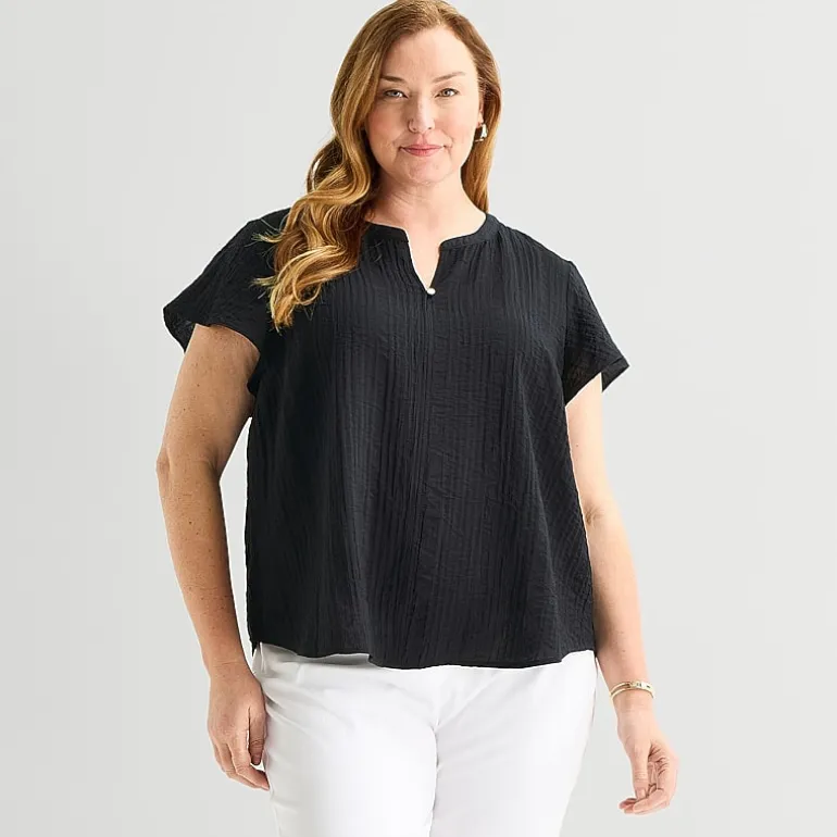 Liz Claiborne Womens Plus V Neck Short Sleeve Blouse
